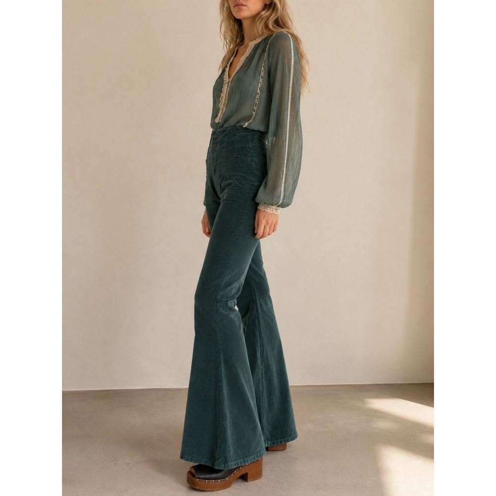 We The Free Corduroy Flare Pants High Rise Retro Dark Green Size 29